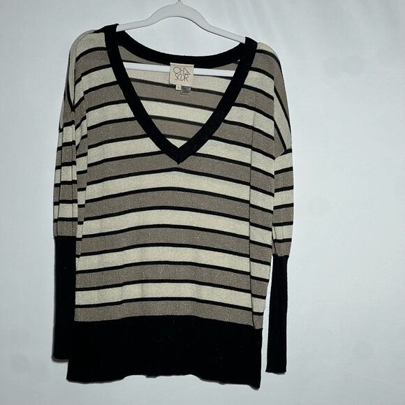 Chaser Lurex Striped V Neckline Pullover Sweater Black Tan Womens Size Small - Picture 6 of 10
